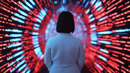 Poster - A figure stands before a vibrant, abstract display of red and blue lights, creating a dynamic and immersive visual experience.