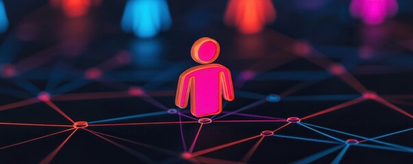 Poster - A vibrant illustration of a central figure connected to colorful nodes, symbolizing networking, community, and digital interaction.