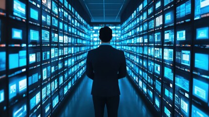 Poster - A silhouette of a person in a suit stands before a wall of glowing blue screens, creating a futuristic, data-driven atmosphere.