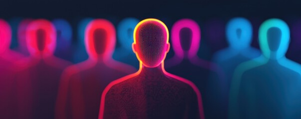 Poster - A futuristic depiction of a silhouette with a glowing head, surrounded by other silhouettes in vibrant colors, suggesting themes of technology and identity.