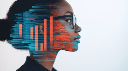 Poster - A profile of a woman wearing glasses, overlaid with colorful digital data patterns, symbolizing technology and innovation.