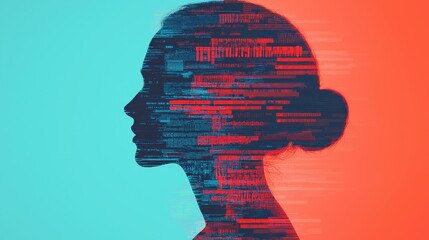 Poster - A silhouette of a woman overlaid with colorful code, symbolizing the intersection of technology and identity.