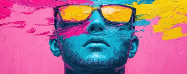 Poster - A vibrant portrait of a man with sunglasses, surrounded by colorful brush strokes, blending artistic expression and modern style.