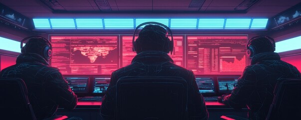 Poster - A futuristic control room with three individuals monitoring screens displaying data, illuminated by vibrant red and blue lighting.