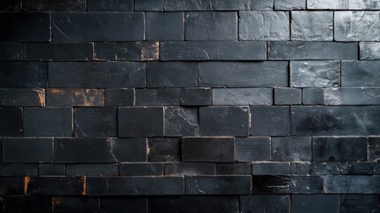 Poster - An artistic composition showcasing a textured black wall composed of slate blocks, each varying in size and shape, inviting thoughts on industrial design and modern aesthetics.