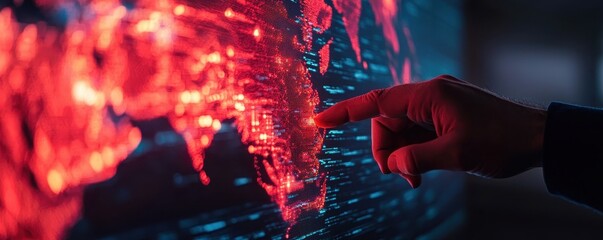 Poster - A hand points at a glowing world map displayed in red hues, representing data visualization and global connectivity.