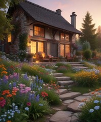 Sticker - A cozy cottage with a wildflower-filled garden and a warm fire in the background, natural, wildflowers