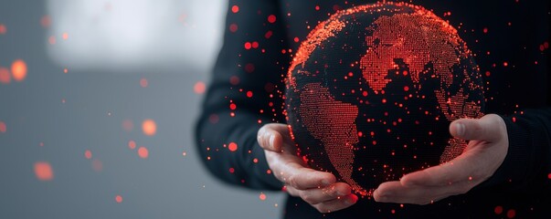 Poster - A person holds a glowing, digital globe made of particles, symbolizing global connectivity and technology in a modern setting.