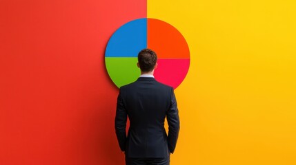 Poster - A man in a suit stands before a colorful circular chart on a vibrant wall, contemplating choices represented by various colors.