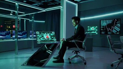 Aufkleber - Professional in suit working on advanced technology in modern office environment at night