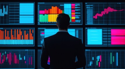 Poster - A business professional analyzes multiple data screens displaying graphs and charts, highlighting market trends and statistics.