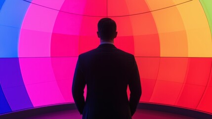 Poster - A silhouette of a person stands before a vibrant, colorful backdrop, creating a striking contrast between light and shadow.