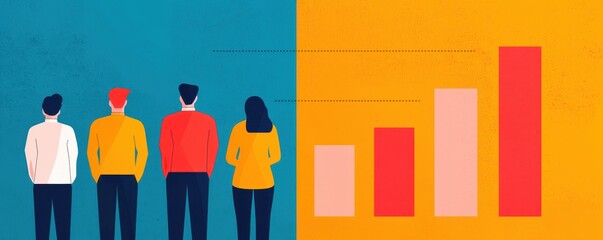 Poster - An illustration showing four individuals facing a growing bar graph, symbolizing progress and teamwork in a business context.