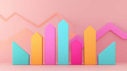 Poster - A vibrant 3D graph with colorful bars and lines against a soft pink background, representing data trends and growth.