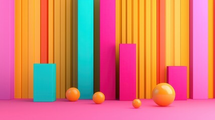 Poster - A vibrant, abstract composition featuring colorful geometric shapes and patterns, including bars and spheres against a bold background.