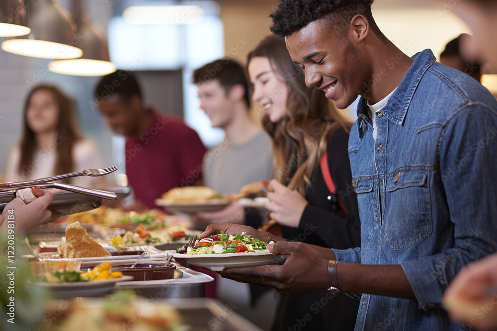 Student Restaurant Activity bustling university cafeteria, diverse students enjoying meals, vibrant ...