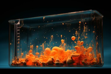 Poster - Orange chemical liquid bubbling in a glass beaker, creating an abstract and scientific visual