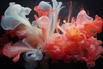 Poster - Red, orange and white ink mixing in water creating abstract shapes on a black background