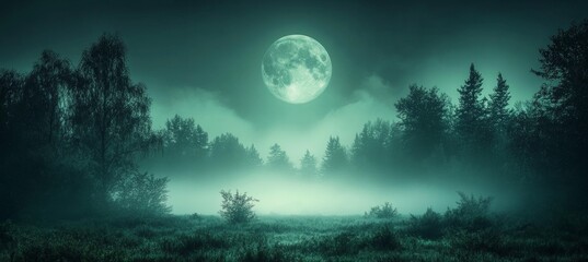 Wall Mural - green light full moon with horror foggy forest. generative ai technology.