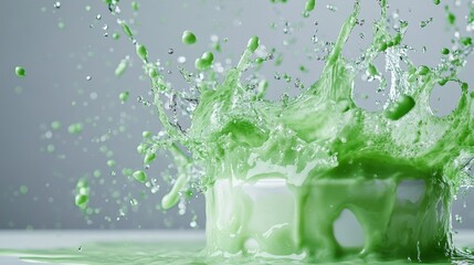 Poster - An exhilarating burst of green liquid exploding from a white bucket, highlighting motion and texture while invoking feelings of freshness and vibrancy in a clean aesthetic.