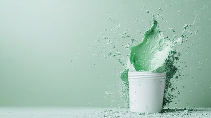 Poster - A striking moment captured as green liquid spills energetically from a white paint container, representing creativity and artistic expression through its playful chaos and dynamic movement.