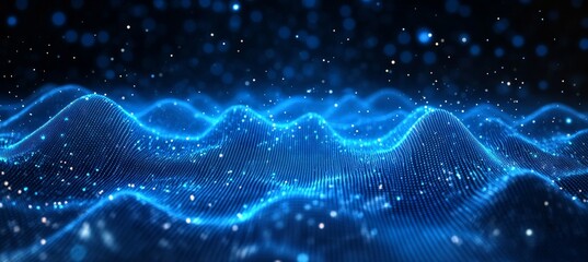 Fototapete - Abstract blue cyberspace graph wave terrain. Wireless blockchain network transfer. Generative AI technology.