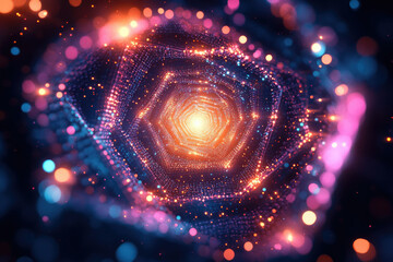 Poster - A mesmerizing hexagonal tunnel of vibrant lights and particles, creating a futuristic and abstract visual.