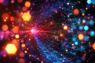 Poster - Abstract digital tunnel with vibrant colors and glowing particles, creating a futuristic and energetic visual.
