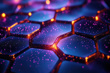 Fototapete - Abstract hexagonal grid with glowing orange and purple accents, representing digital data or futuristic technology.