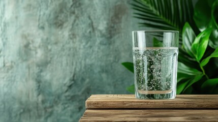 Poster - A bubbly glass of sparkling water sits beside lush greenery, capturing a refreshing moment of hydration that inspires relaxation and an appreciation for nature's beauty.