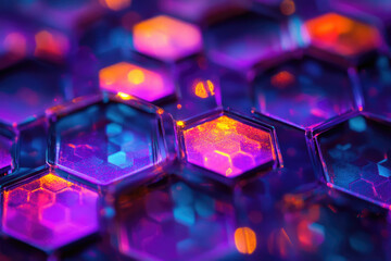 Poster - Abstract image of glowing hexagonal patterns in vibrant purple, orange, and blue hues.