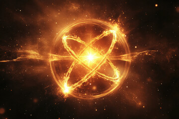 Poster - Fiery cosmic entity, radiating energy in a dark space, resembling an atom's structure.
