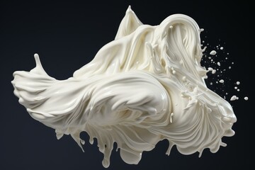 Poster - Dynamic splash of white cream with drops on a dark background, creating a visually appealing abstract form