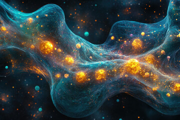 Poster - Abstract cosmic artwork depicting a celestial network with glowing orbs and nebulae, vibrant colors and intricate details.