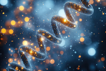 Poster - Glowing helix structure, possibly representing DNA, in a dark blue and orange bokeh background.