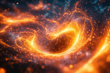 Poster - Abstract swirling vortex of glowing particles, fiery orange and dark hues, cosmic energy.