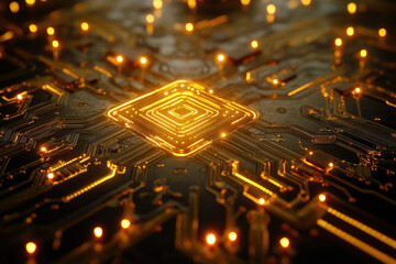 Poster - Glowing golden circuit board with central processor, showcasing intricate pathways and connections.