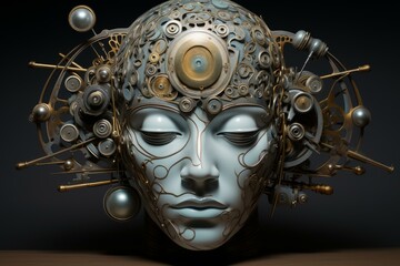 Poster - Porcelain female face with closed eyes adorned with intricate mechanical headwear resembling a brain, symbolizing the fusion of humanity and technology