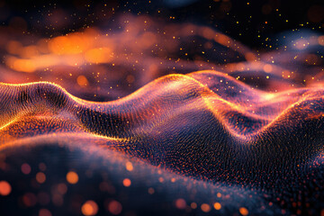 Poster - Abstract digital wave of glowing particles, vibrant orange and dark background.