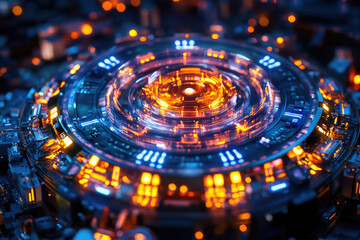 Poster - Futuristic circular technology with glowing orange and blue lights, intricate design.