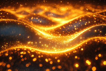 Poster - Golden particle waves flowing, creating a luxurious and elegant abstract background.
