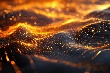Poster - Abstract golden particles forming a dynamic wave, glowing in the dark, creating a digital landscape.