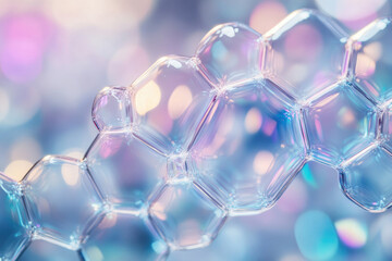 Poster - Close-up of iridescent soap bubbles forming a hexagonal pattern against a bokeh background.
