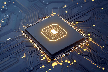 Poster - Modern microchip surrounded by intricate circuitry layout