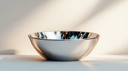 Poster - A beautifully polished metallic bowl sits under soft light, creating reflections and shadows, illustrating the harmony between design and light in a cozy environment.