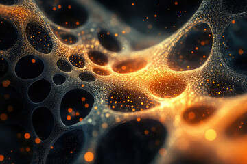 Fototapete - Abstract 3D rendering of a glowing network with interconnected nodes and particles.