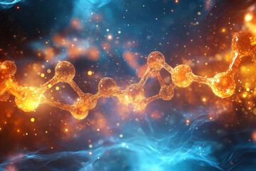 Poster - Glowing molecular structure abstract, vibrant orange and blue hues, representing science, technology, or medicine.