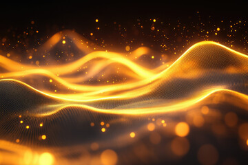Poster - Abstract golden wave background with glowing particles, digital art, futuristic technology.