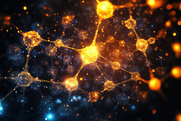 Aufkleber - Abstract representation of interconnected neurons, glowing with vibrant orange and blue hues, symbolizing neural network complexity.