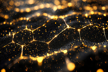 Poster - Abstract dark background with golden hexagonal network and bokeh lights.